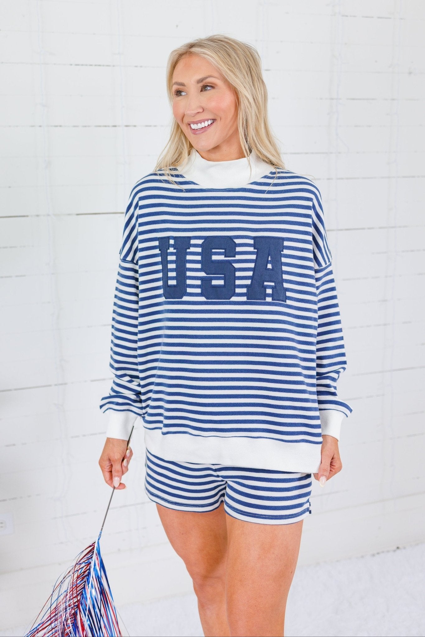 Lincoln Navy + White Stripe Mock Neck Sweatshirt Le Lis