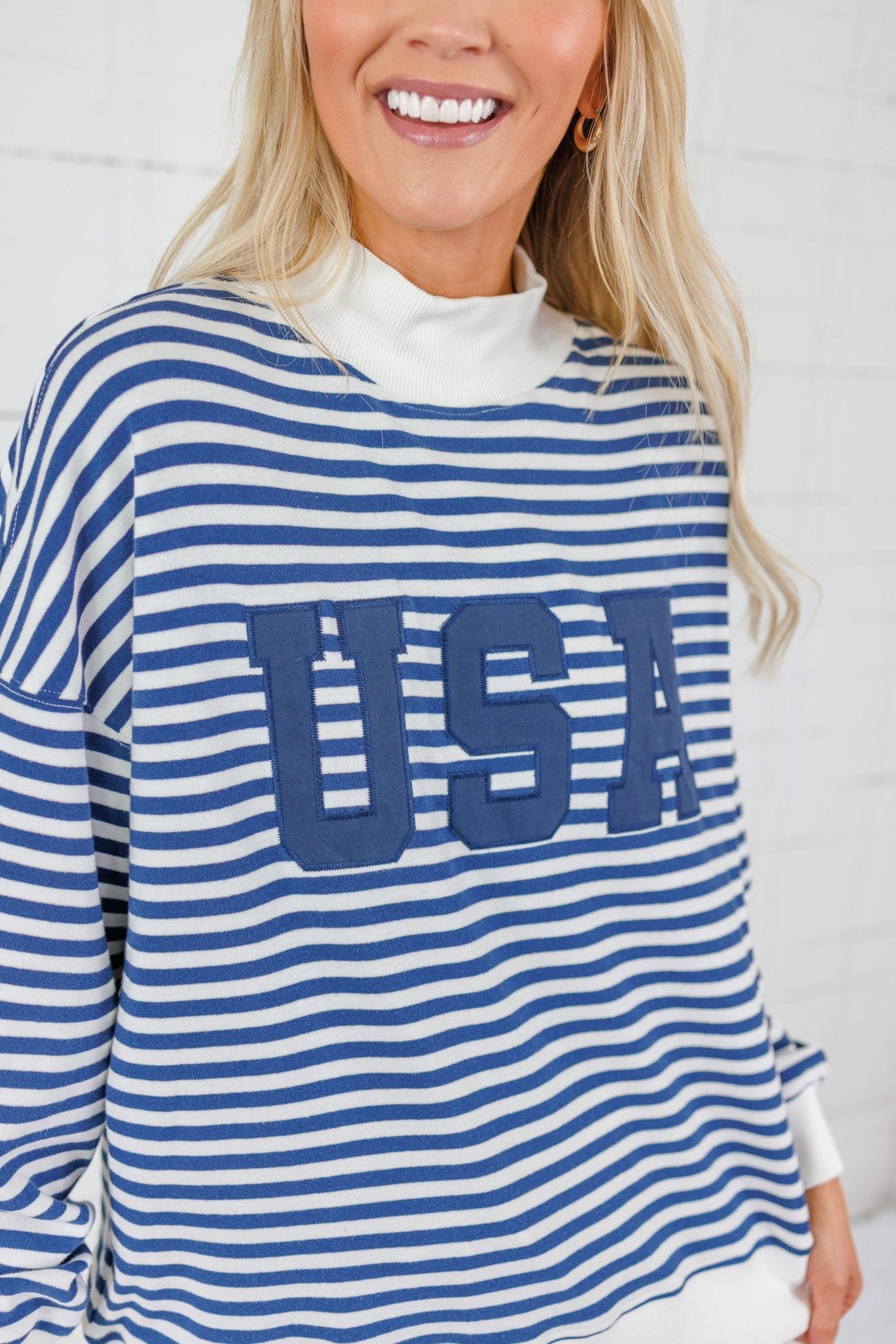 Lincoln Navy + White Stripe Mock Neck Sweatshirt Le Lis