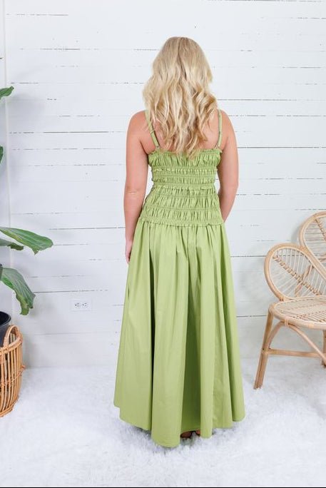 Livvy Bright Olive Smocked Cami Maxi Dress