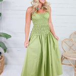 Livvy Bright Olive Smocked Cami Maxi Dress