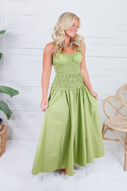 Livvy Bright Olive Smocked Cami Maxi Dress