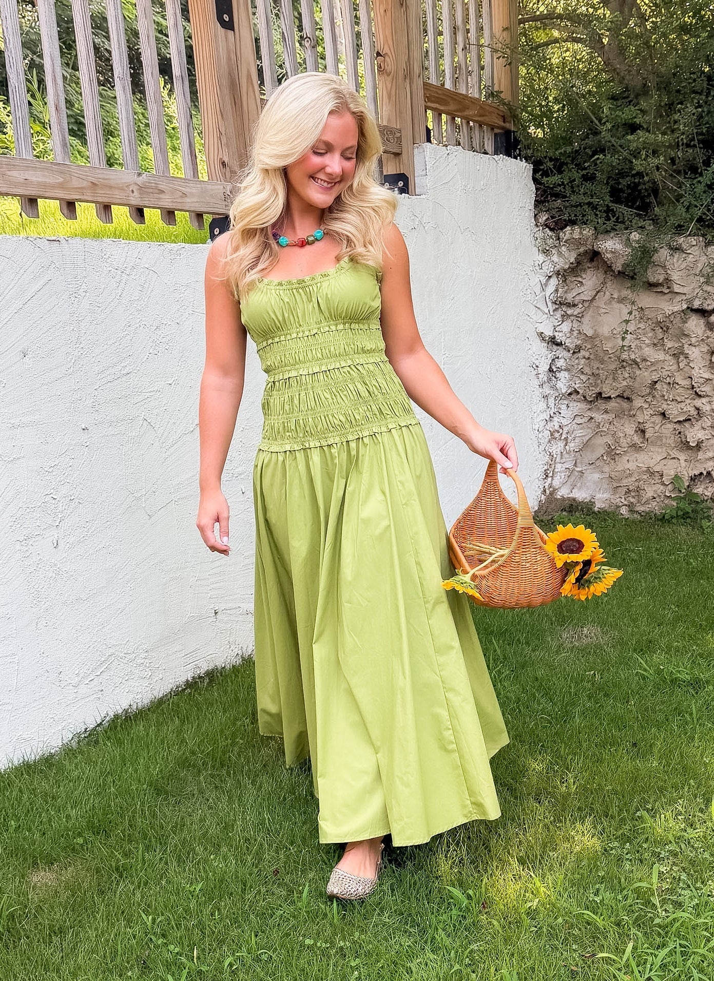 Livvy Bright Olive Smocked Cami Maxi Dress