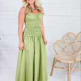 Livvy Bright Olive Smocked Cami Maxi Dress