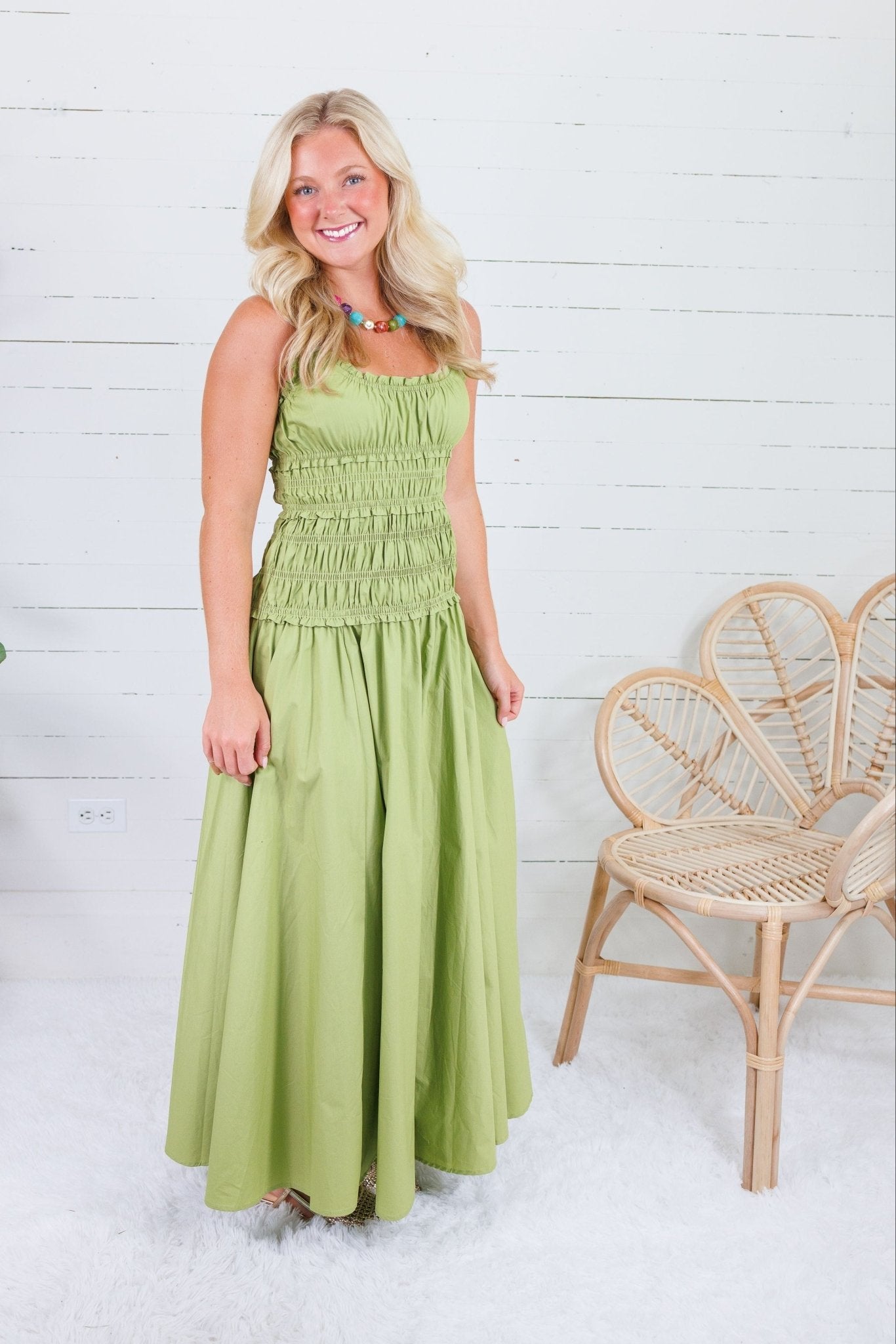 Livvy Bright Olive Smocked Cami Maxi Dress