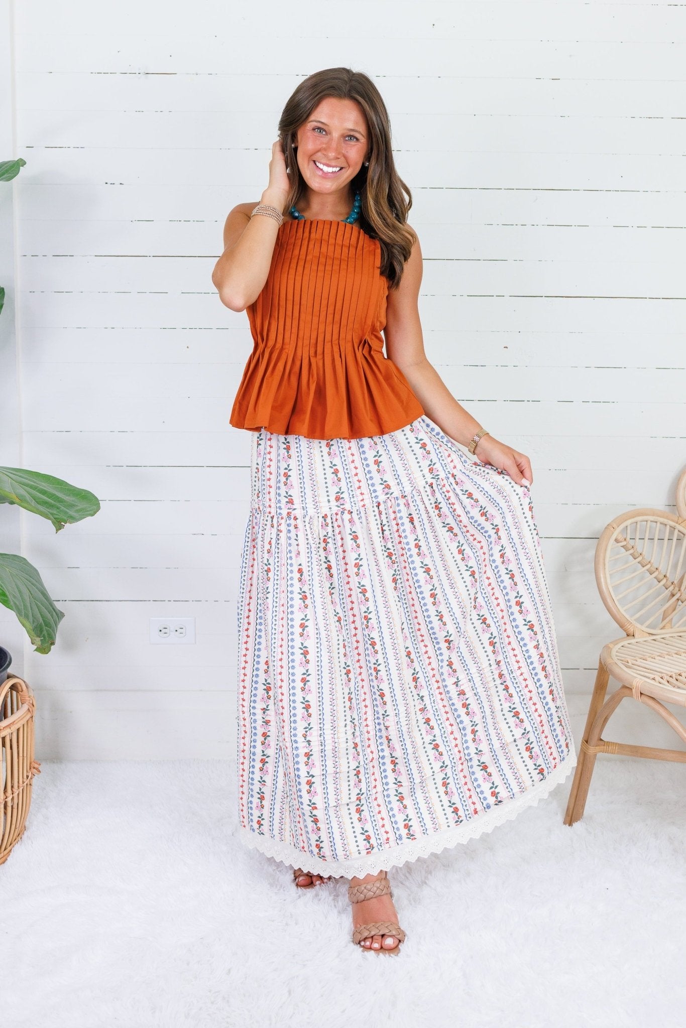 Locke Cinnamon Pleated Poplin Strappy Tank