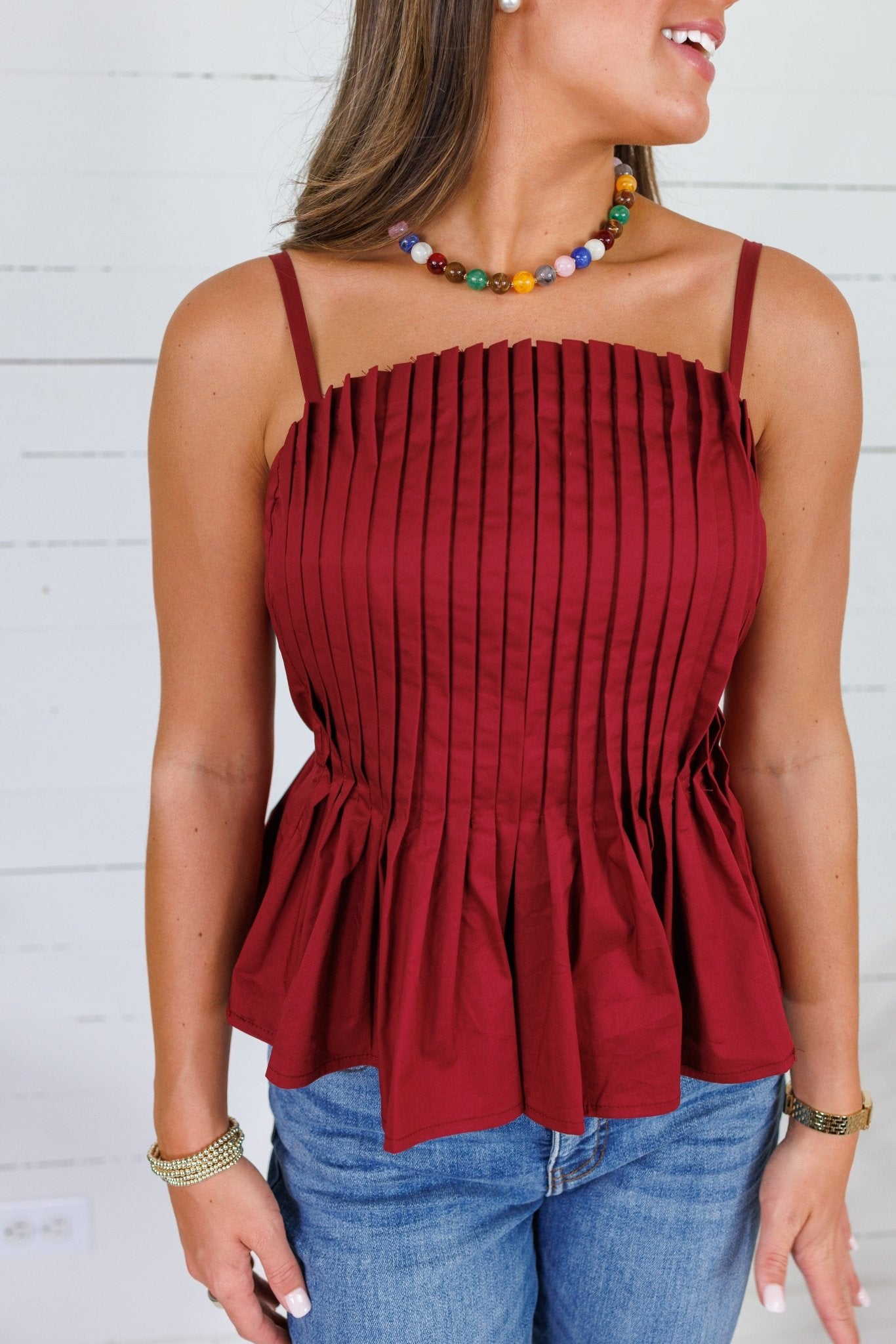 Locke Merlot Pleated Poplin Strappy Tank