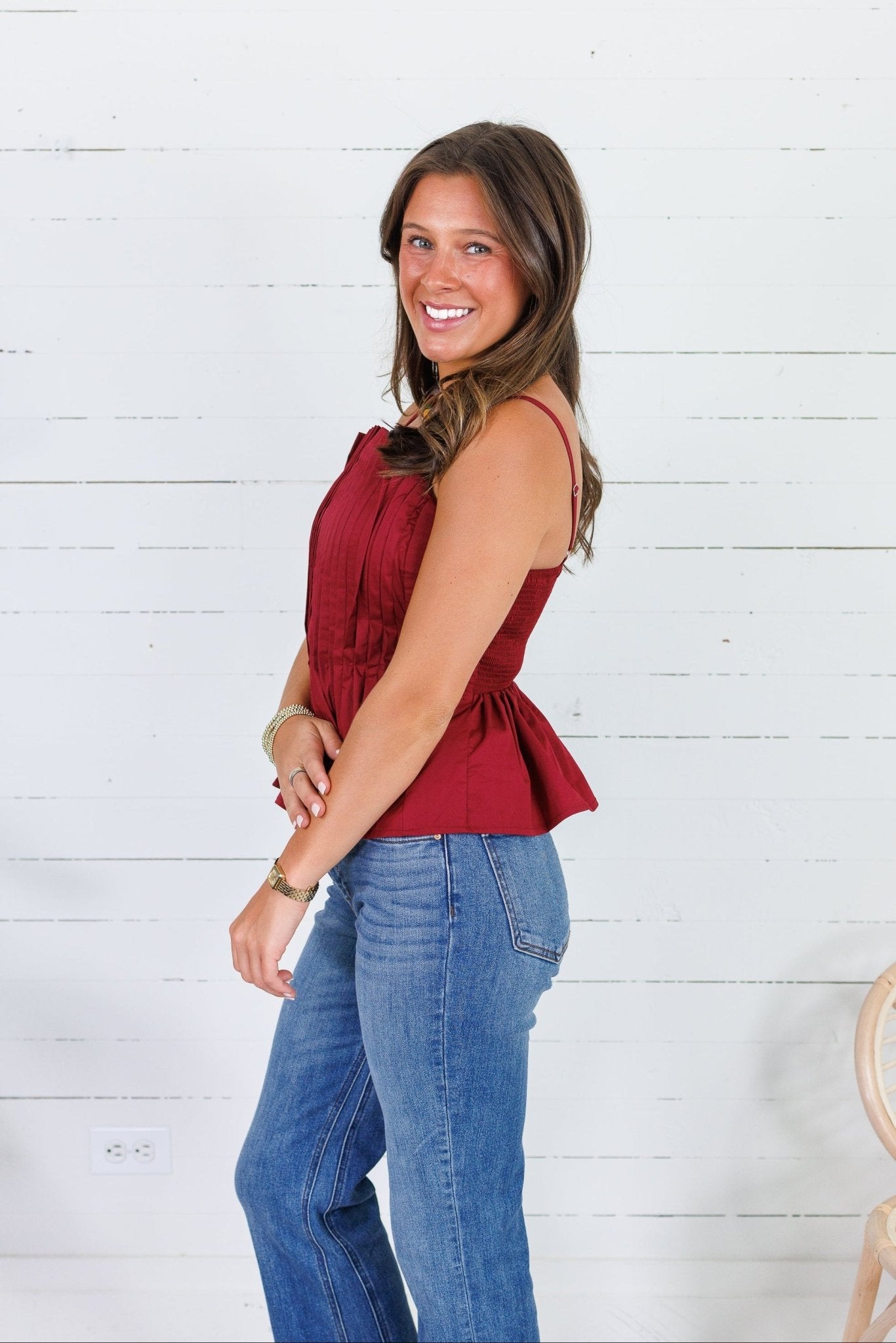 Locke Merlot Pleated Poplin Strappy Tank
