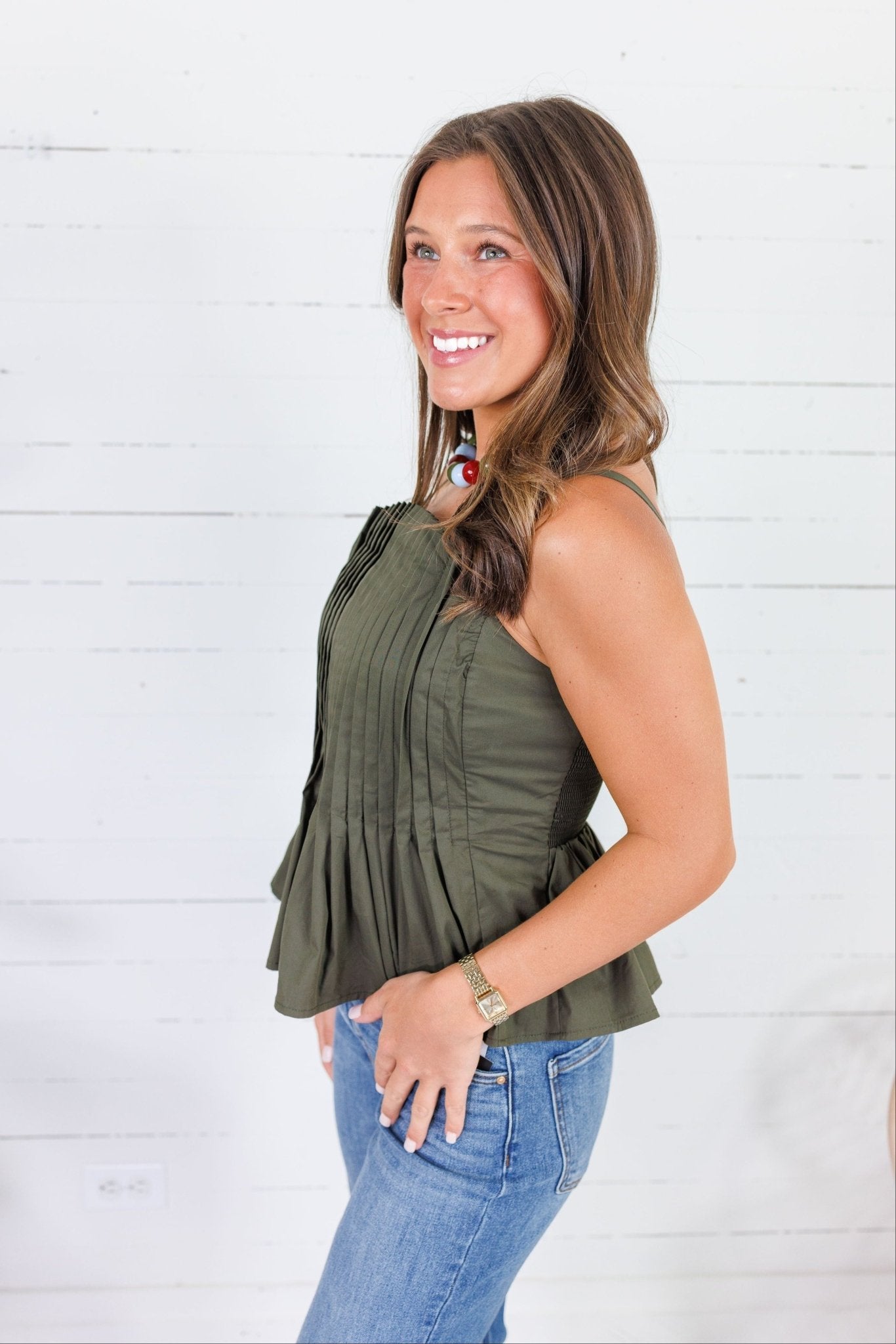 Locke Olive Pleated Poplin Strappy Tank