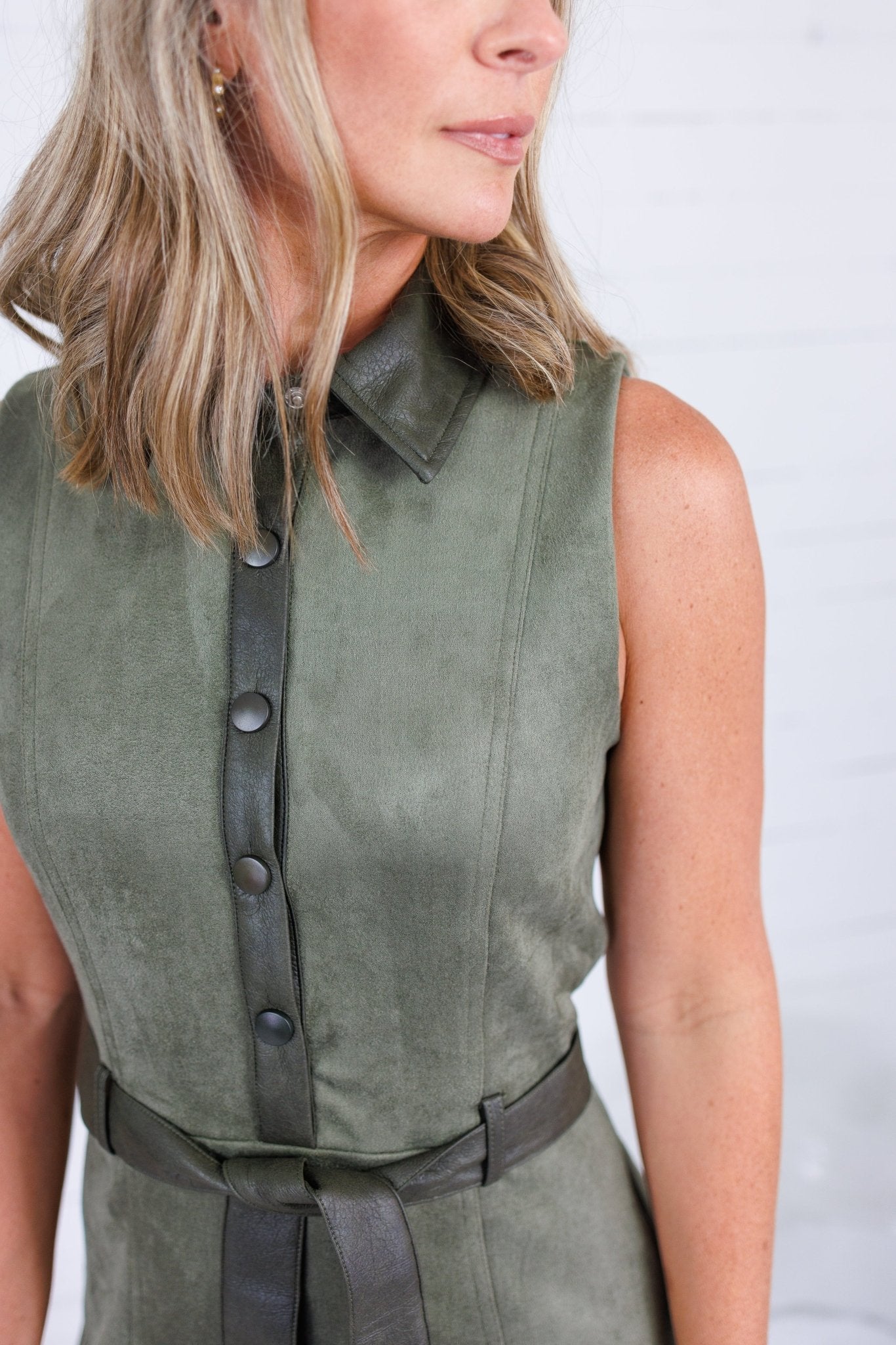 Lola Olive Faux Suede Belted Dress Skies are Blue