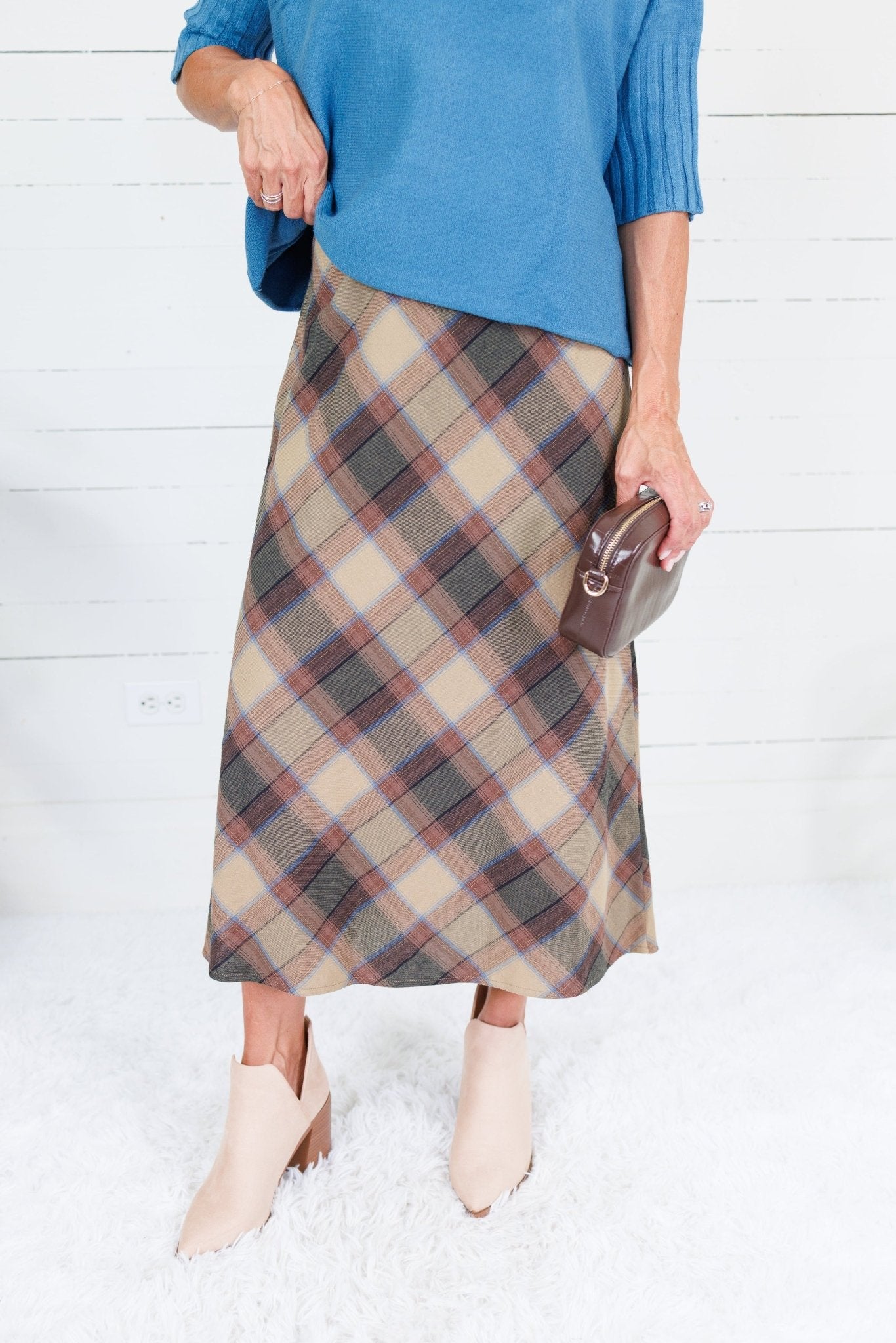 Louise Khaki Plaid A-Line Midi Skirt Be Cool