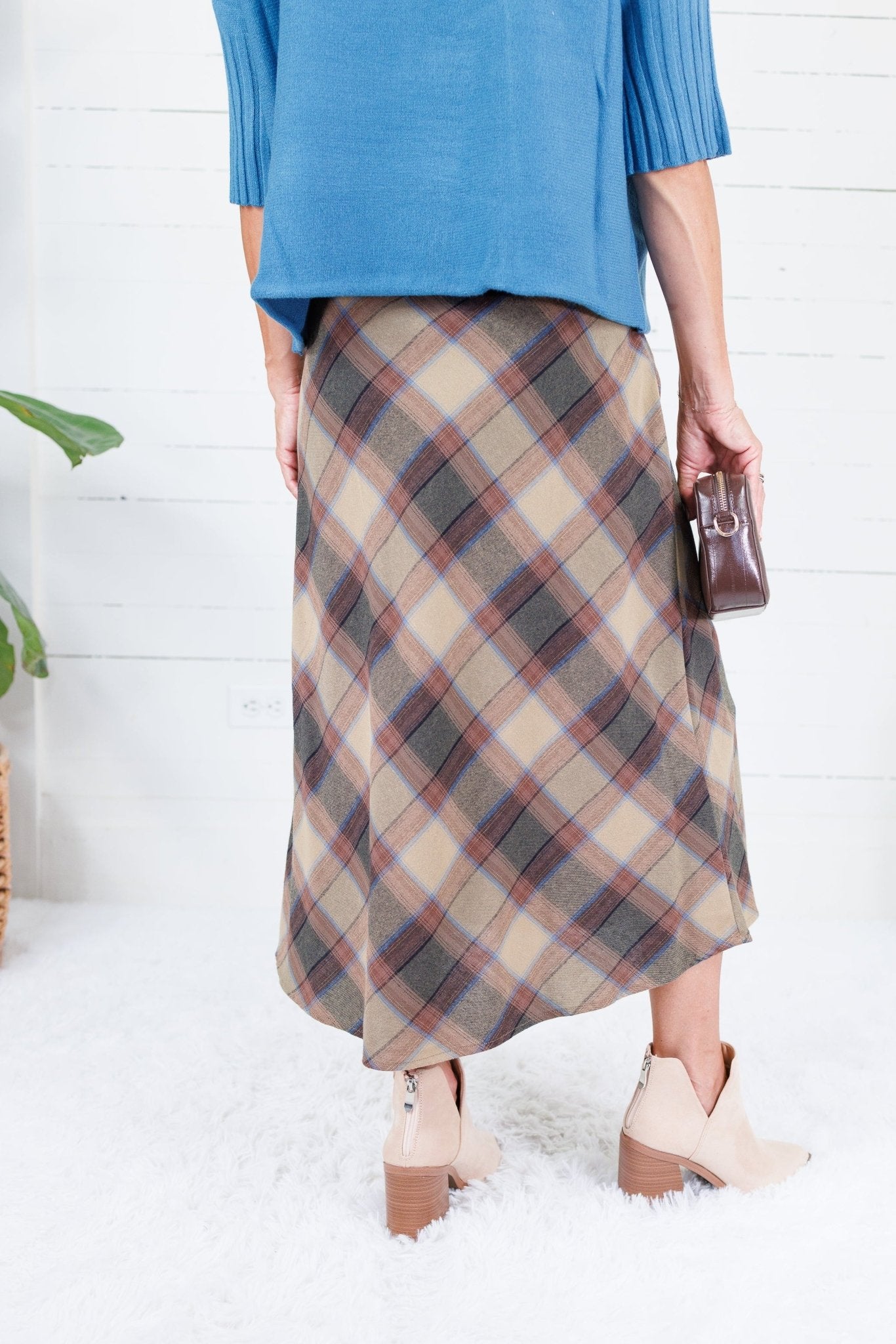 Louise Khaki Plaid A-Line Midi Skirt Be Cool
