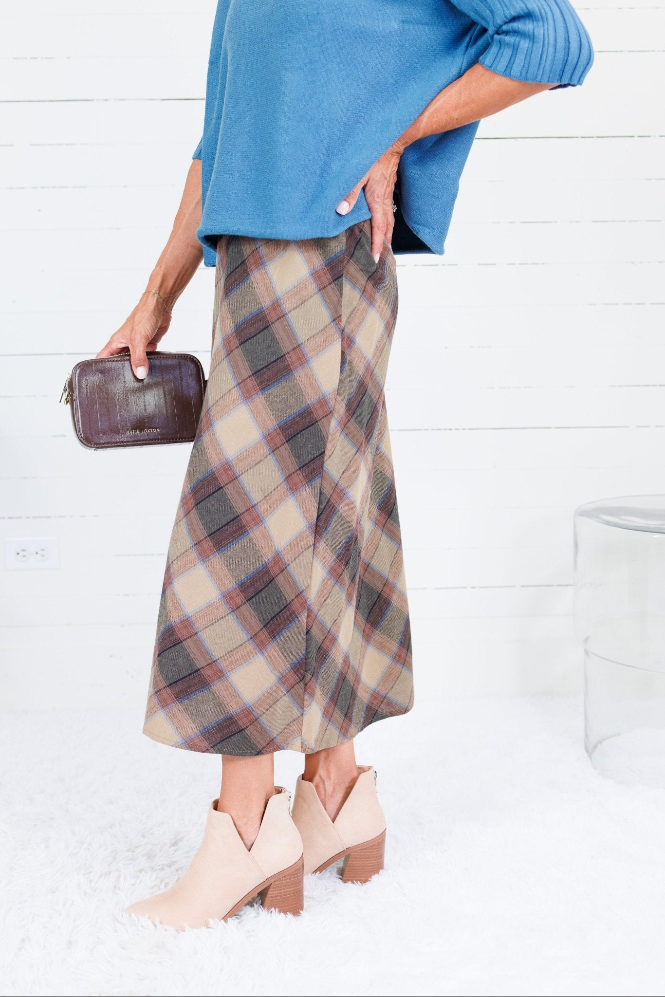 Louise Khaki Plaid A-Line Midi Skirt Be Cool