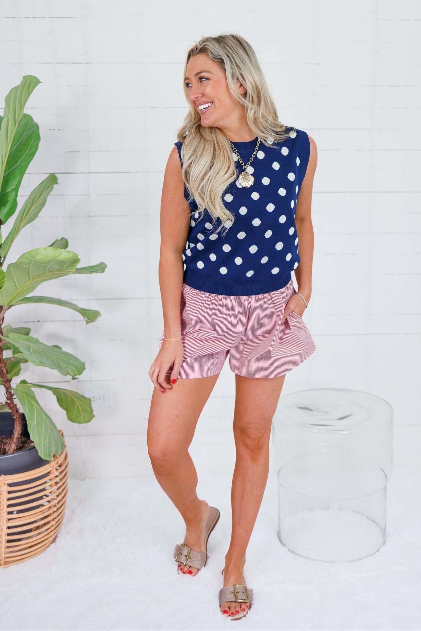 Lucille Navy Polka Dot Sleeveless Sweater THML 