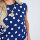 Lucille Navy Polka Dot Sleeveless Sweater THML 