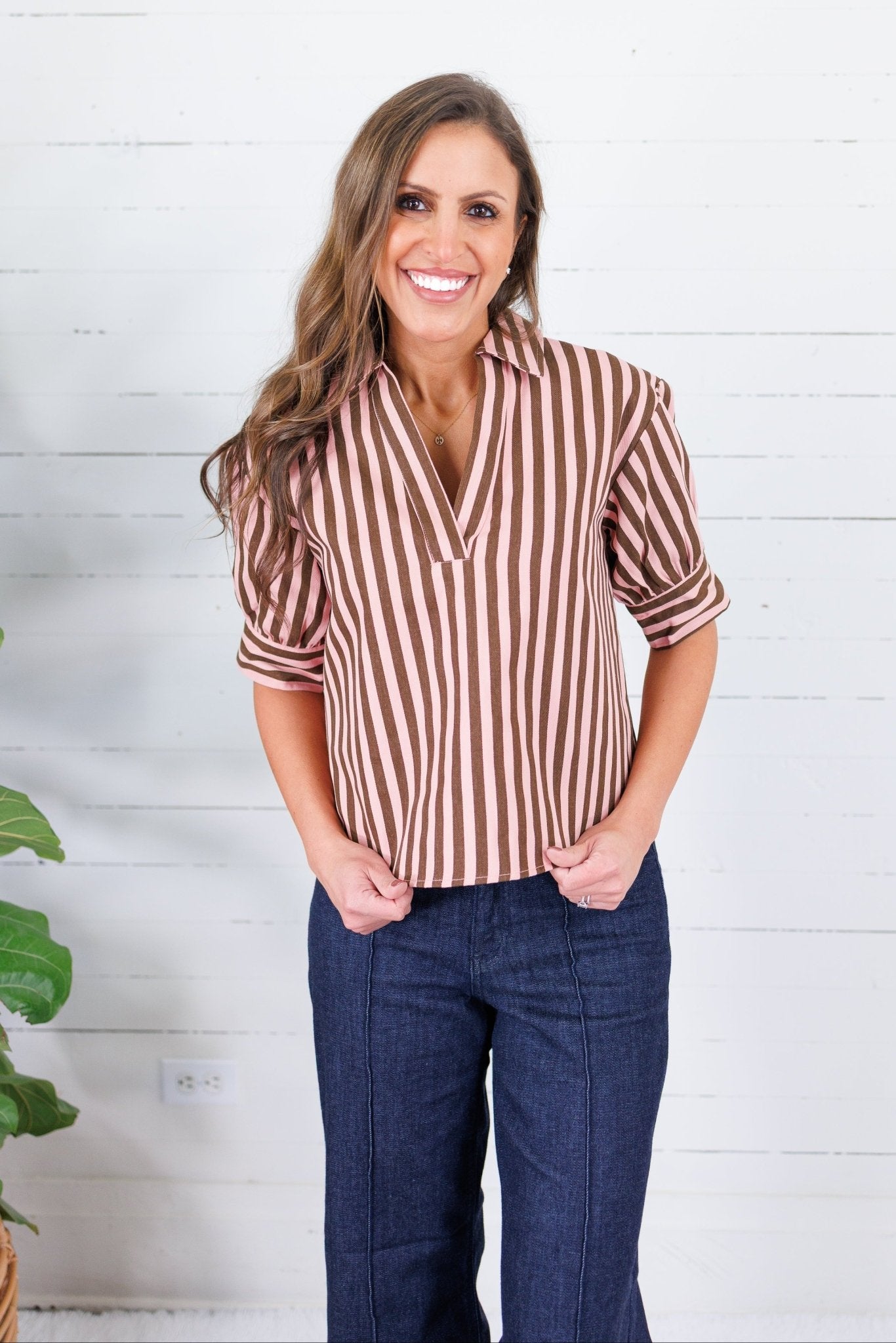 Lucille Pink + Cocoa Stripe Denim Top Karlie