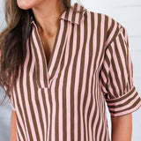 Lucille Pink + Cocoa Stripe Denim Top Karlie