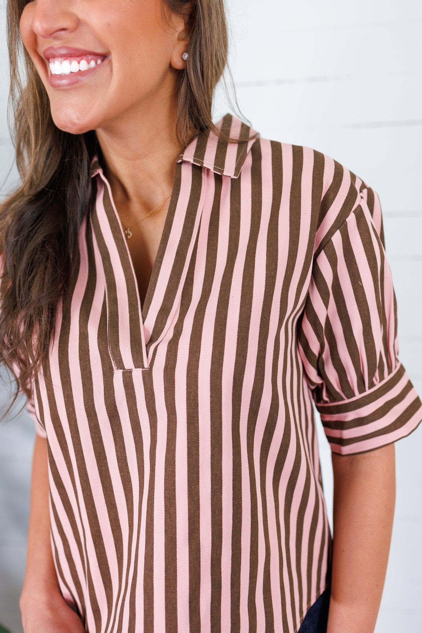 Lucille Pink + Cocoa Stripe Denim Top Karlie