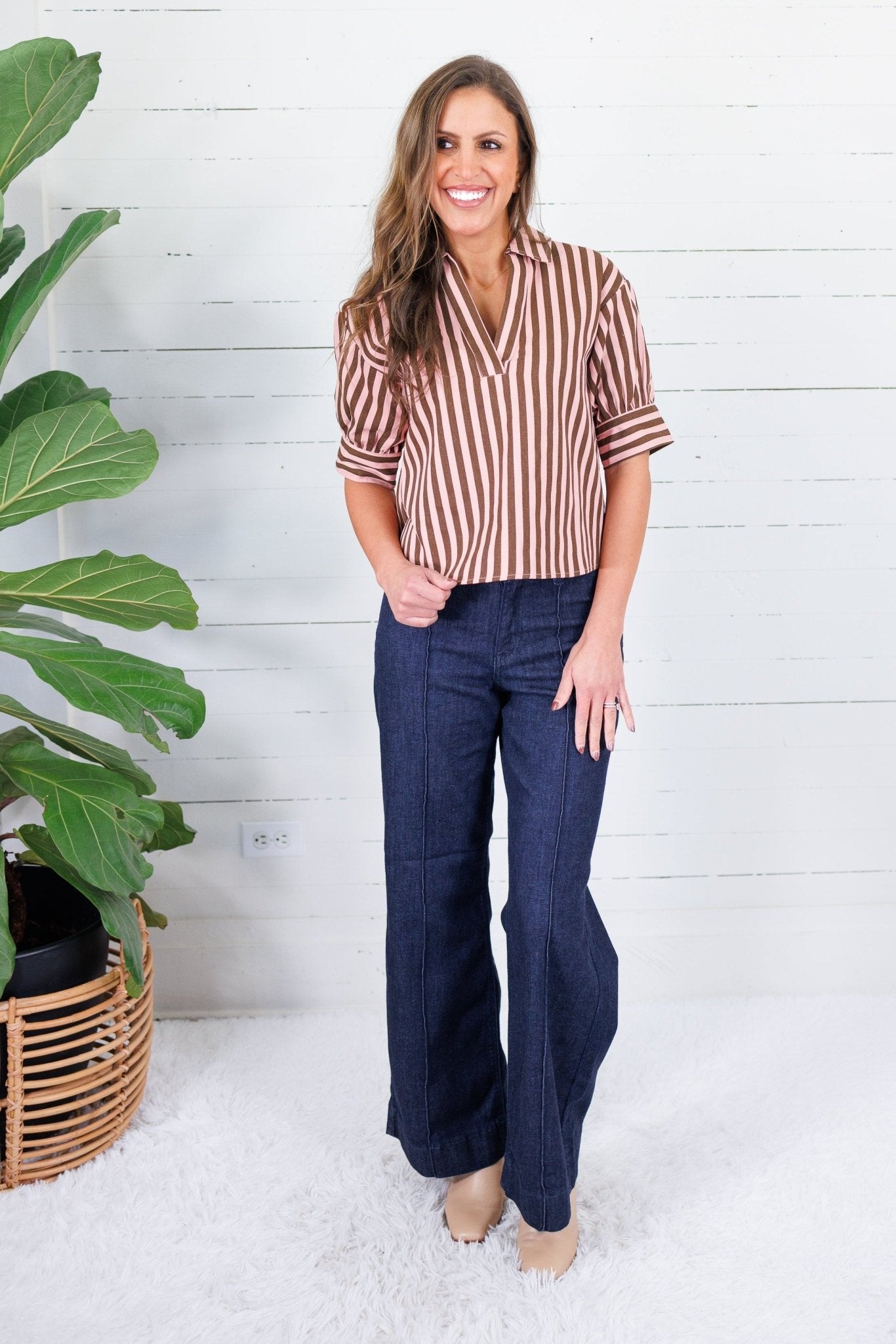 Lucille Pink + Cocoa Stripe Denim Top Karlie
