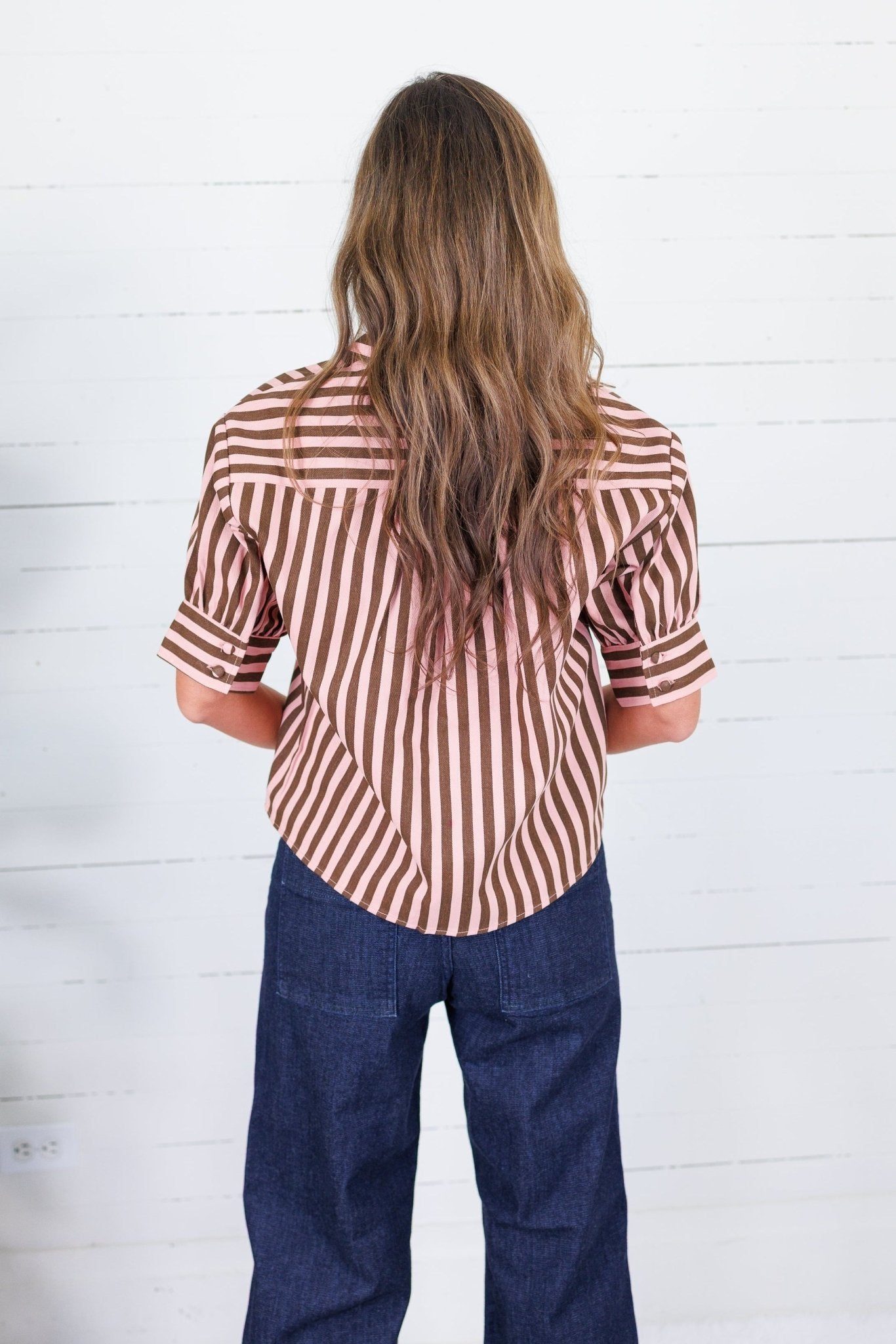 Lucille Pink + Cocoa Stripe Denim Top Karlie