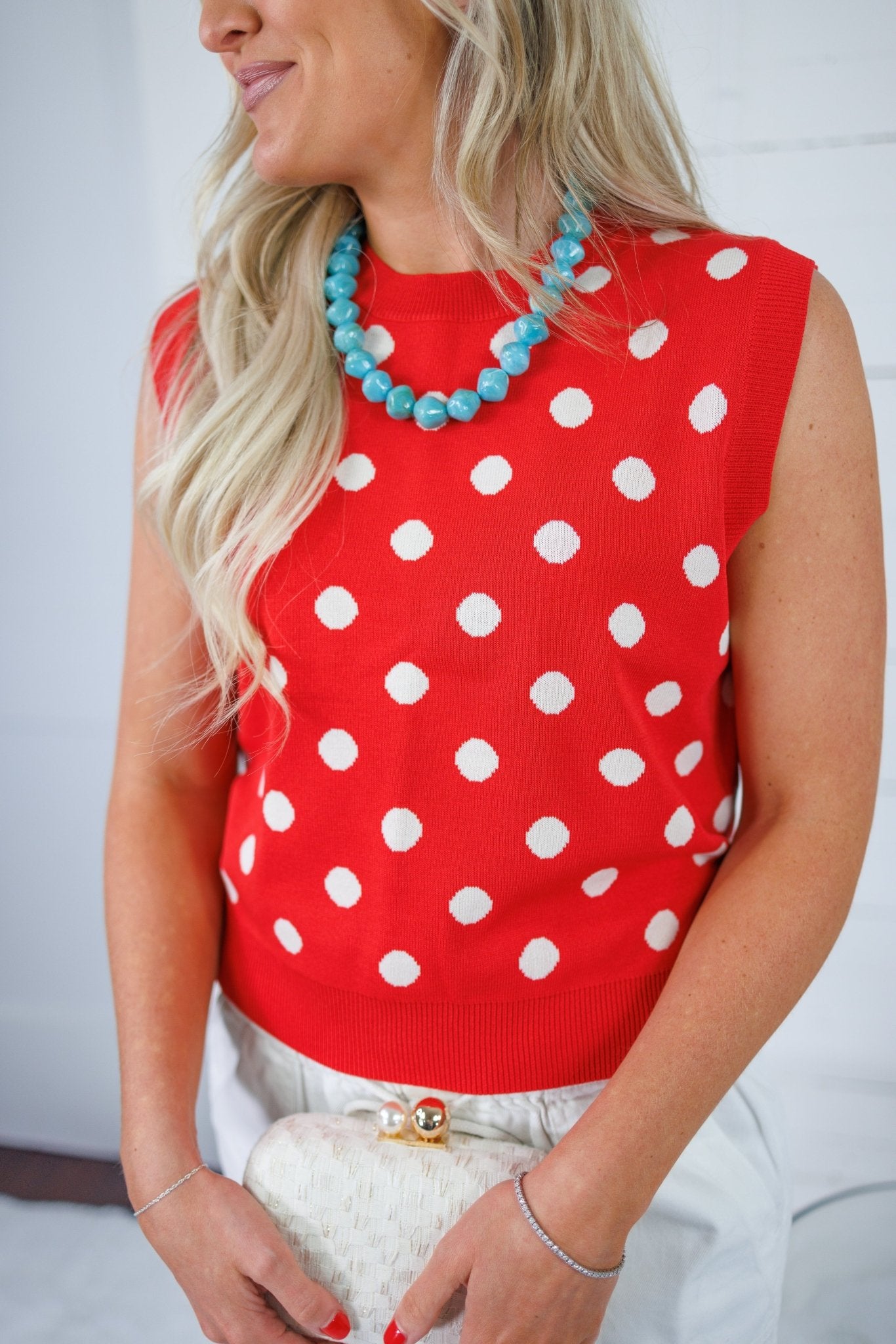 Lucille Red Polka Dot Sleeveless Sweater THML