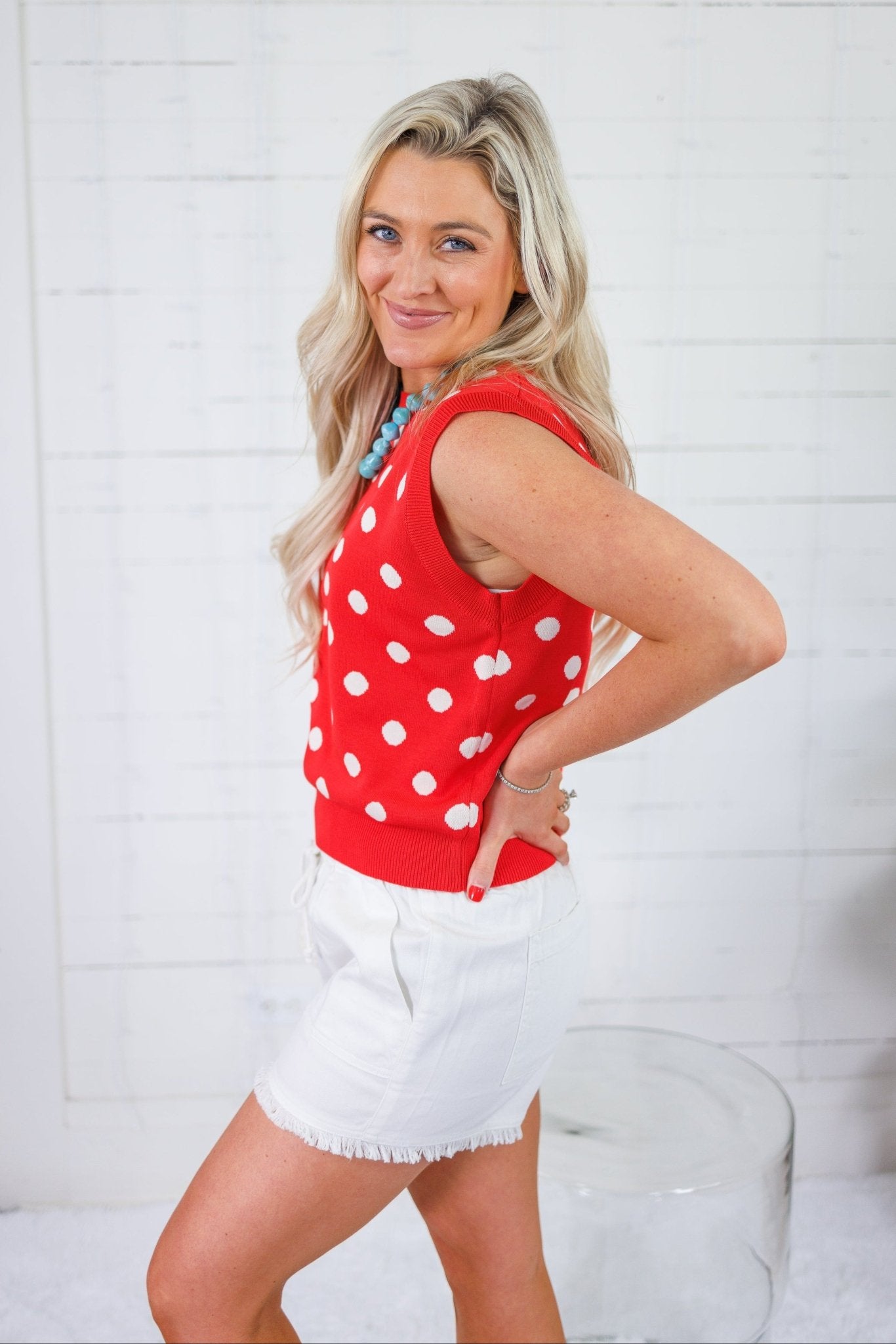 Lucille Red Polka Dot Sleeveless Sweater THML
