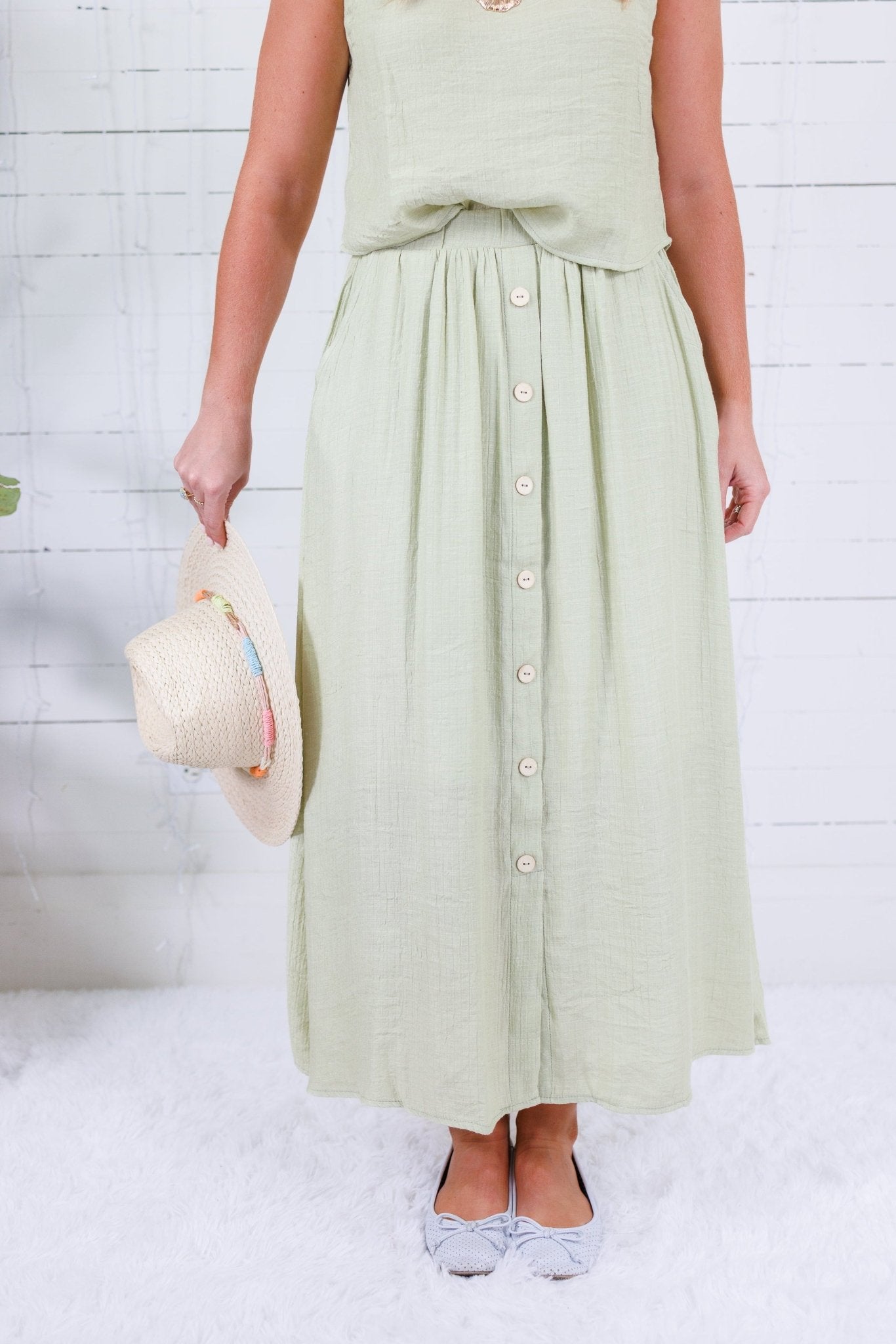 Lulu Light Olive Button Front Skirt Blu Pepper
