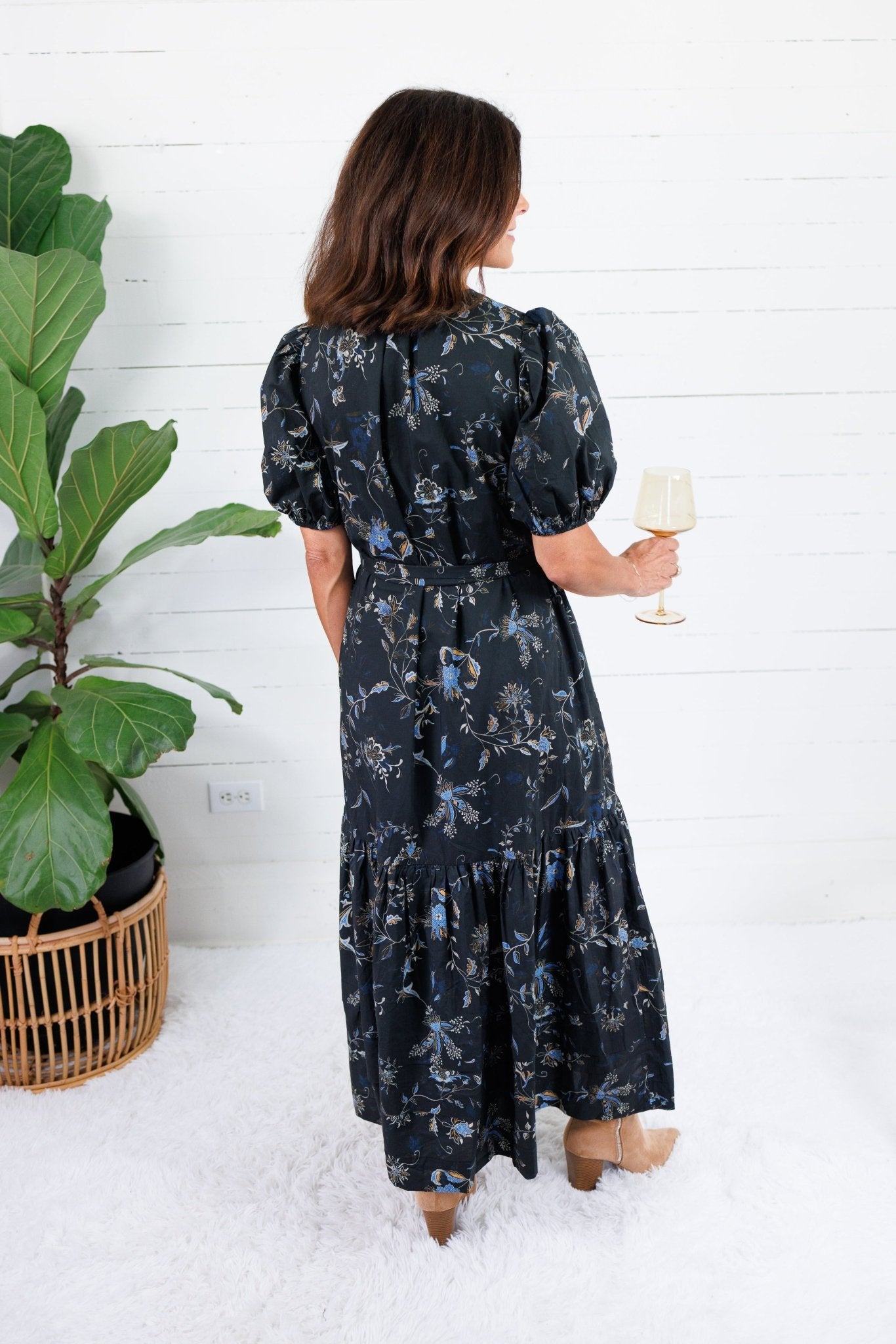 Mads Black Floral Tiered Midi Dress Pinch
