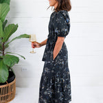 Mads Black Floral Tiered Midi Dress Pinch