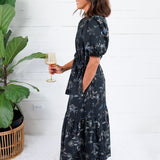 Mads Black Floral Tiered Midi Dress Pinch