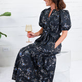 Mads Black Floral Tiered Midi Dress Pinch