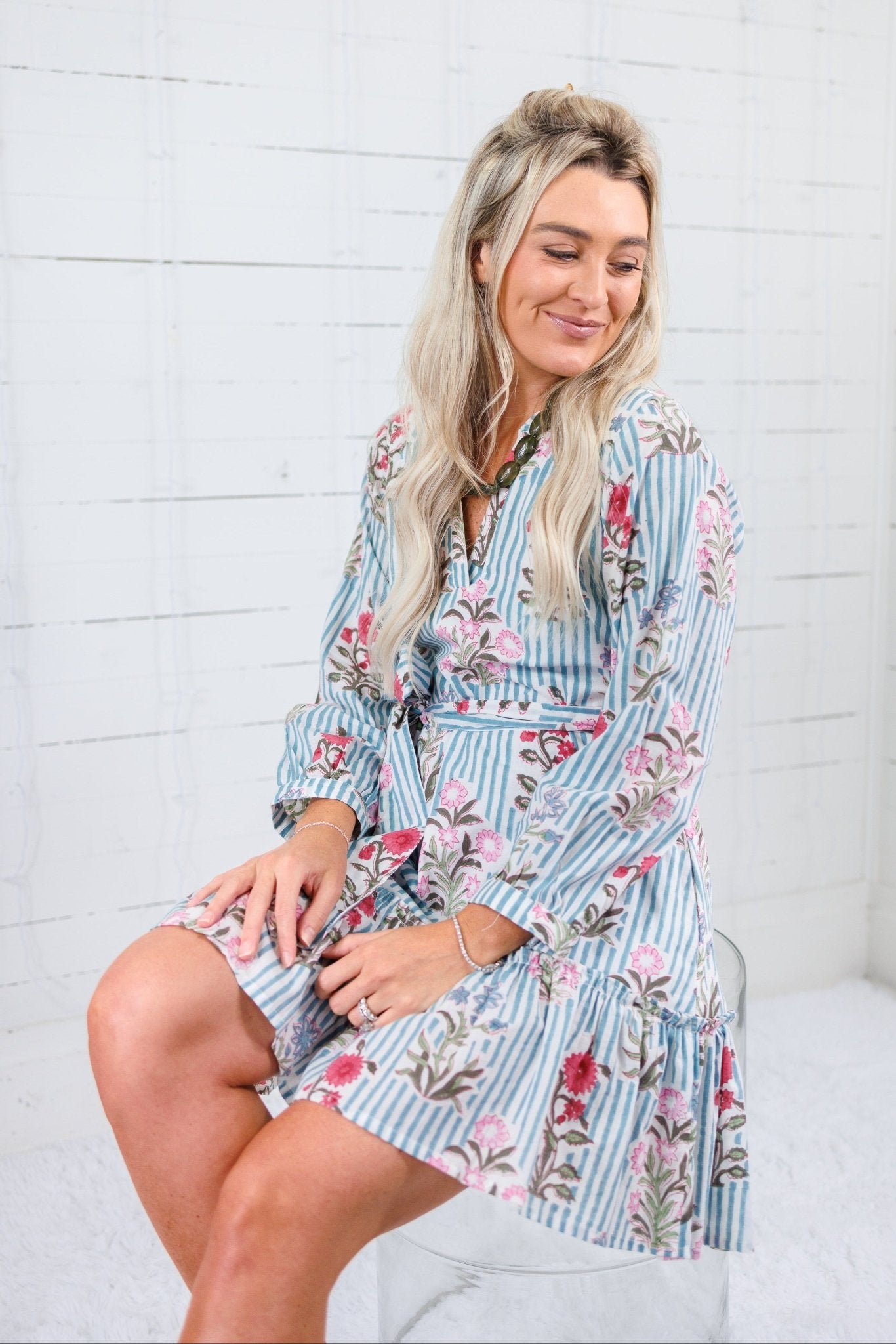 Maggie Oaks Ashley Smokey Blue Stripe Mini Dress