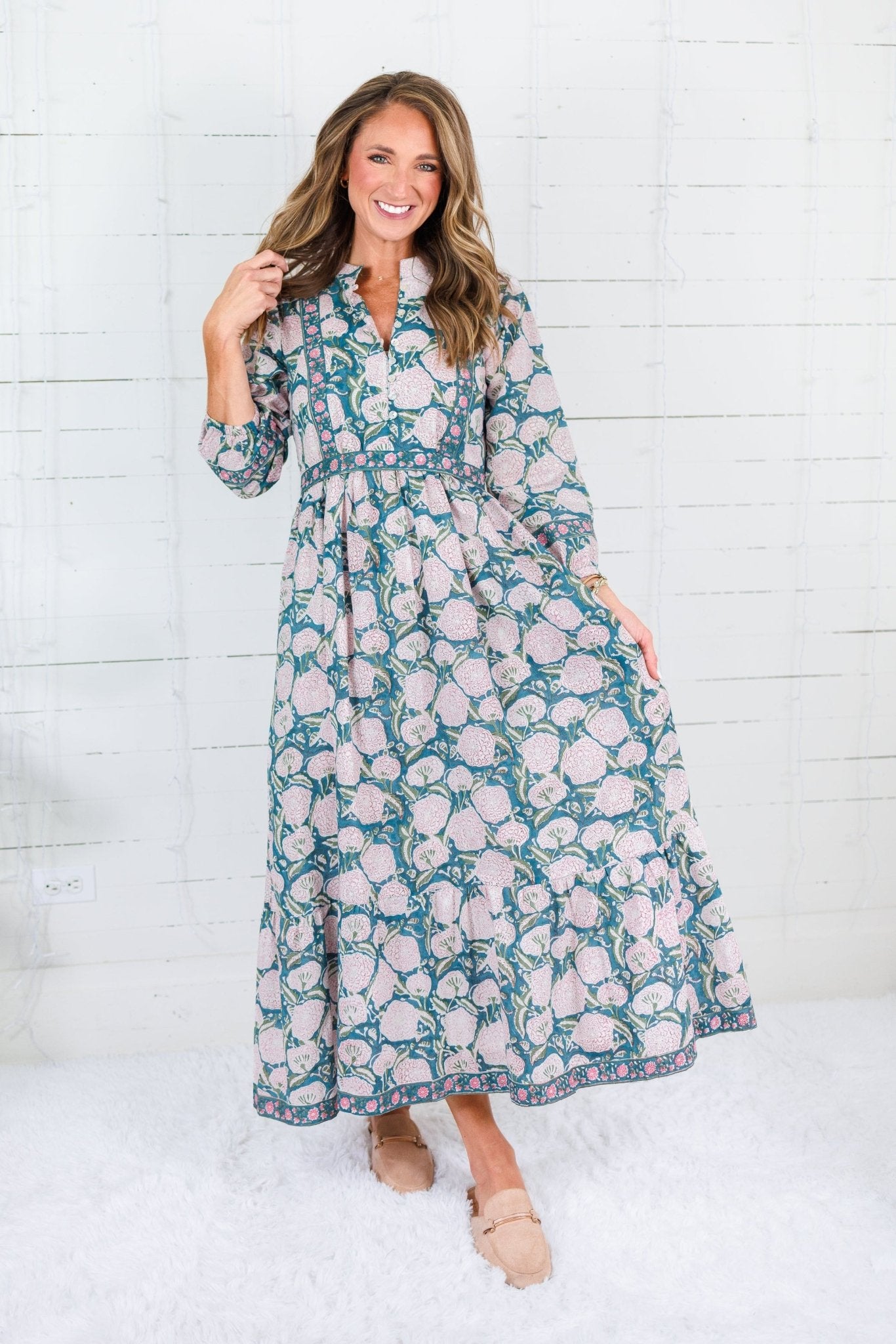 Maggie Oaks Mae Mae Teal Floral Maxi Dress