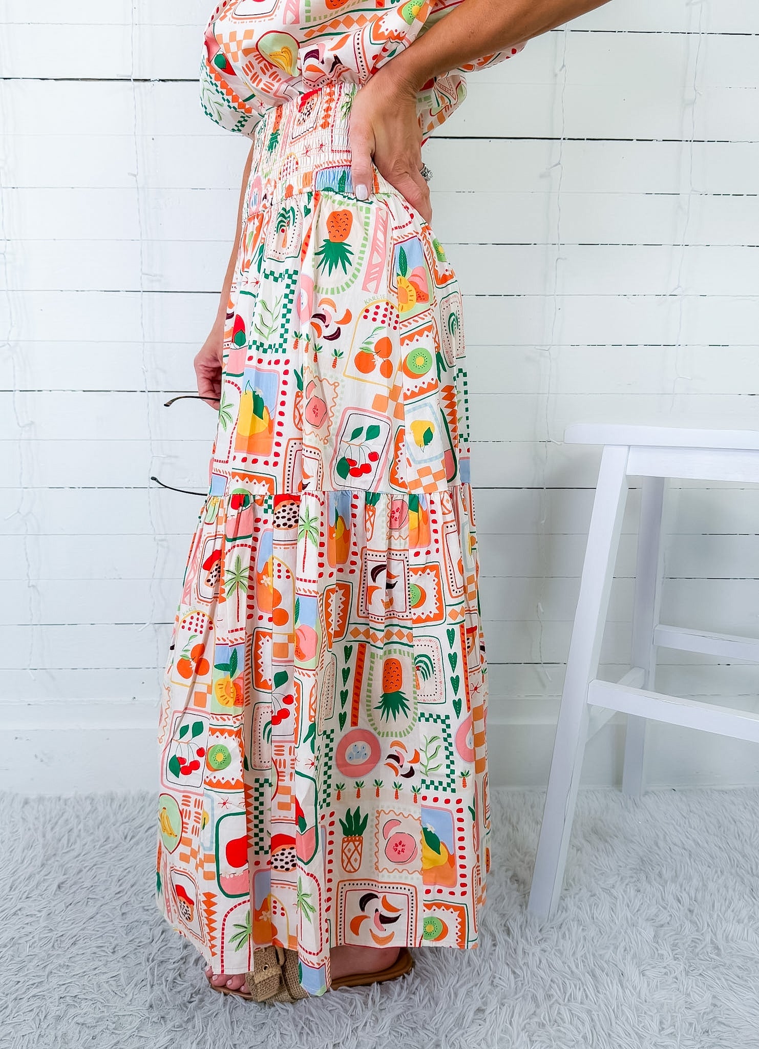 Marco Fruit Basket Smock Waist Maxi Skirt Karlie