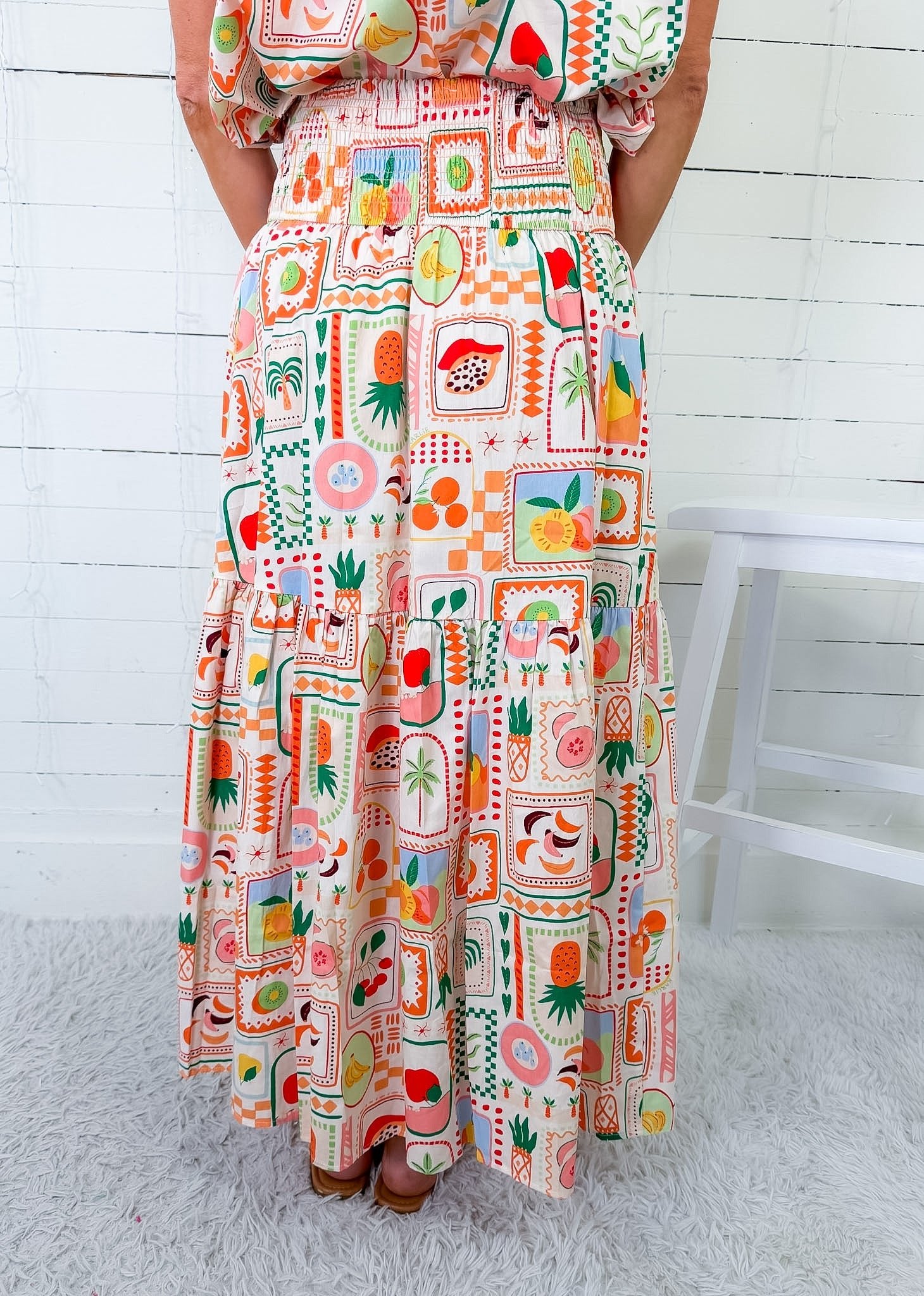 Marco Fruit Basket Smock Waist Maxi Skirt Karlie