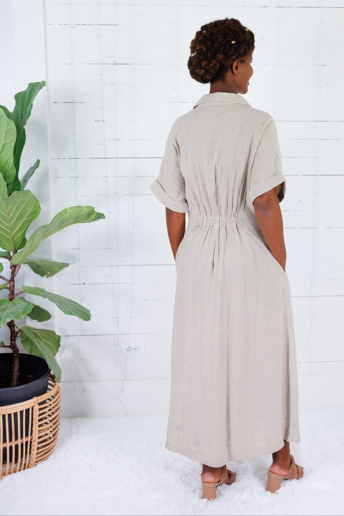 Marla Natural Linen Nipped Waist Shirt Dress THML