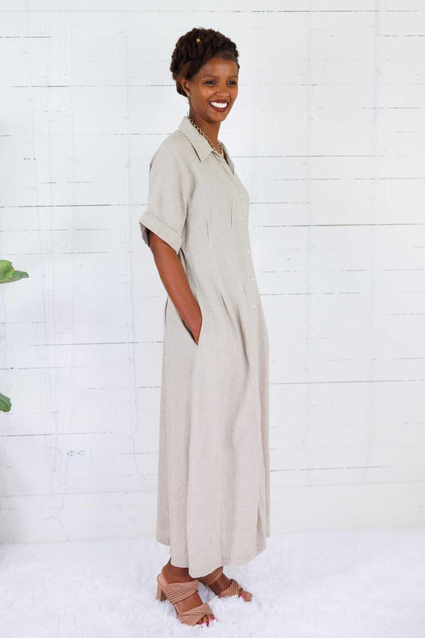 Marla Natural Linen Nipped Waist Shirt Dress THML