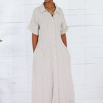Marla Natural Linen Nipped Waist Shirt Dress THML