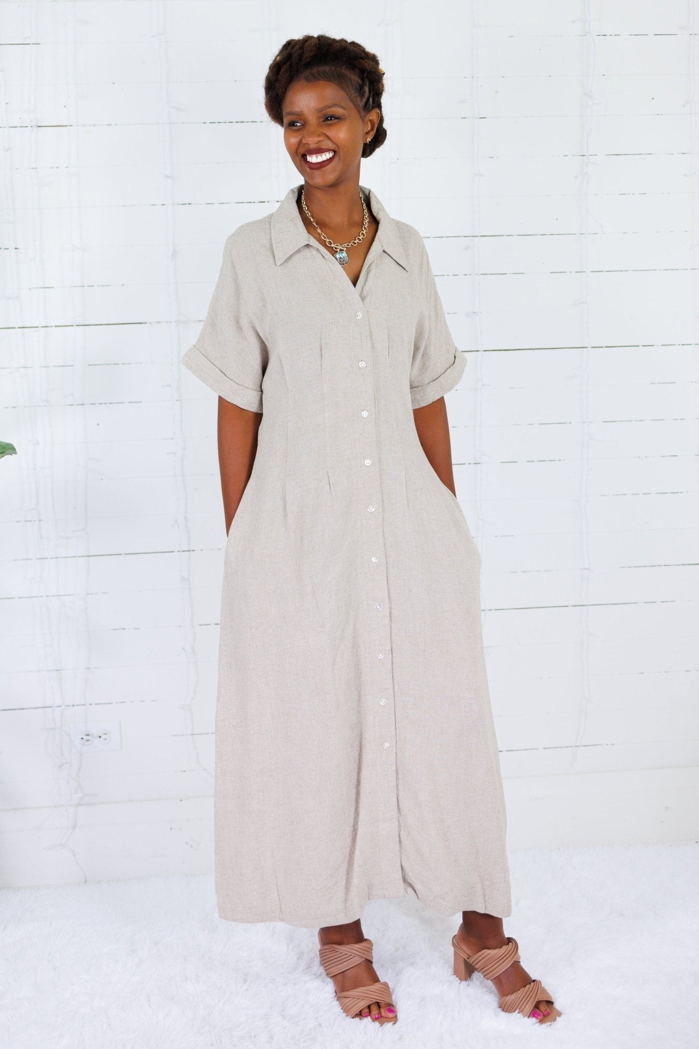 Marla Natural Linen Nipped Waist Shirt Dress THML