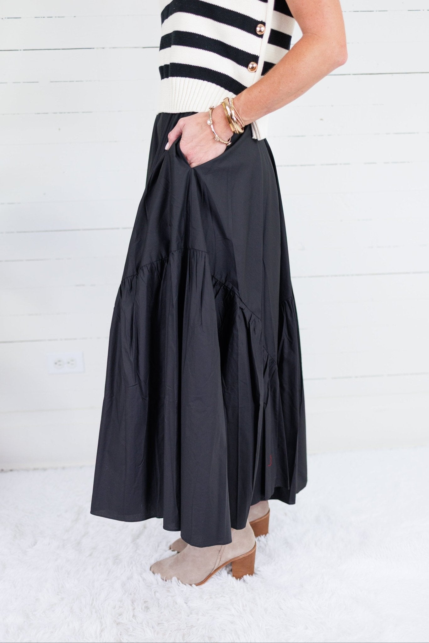 Marty Black Asymmetrical Tiered Maxi Skirt Pinch