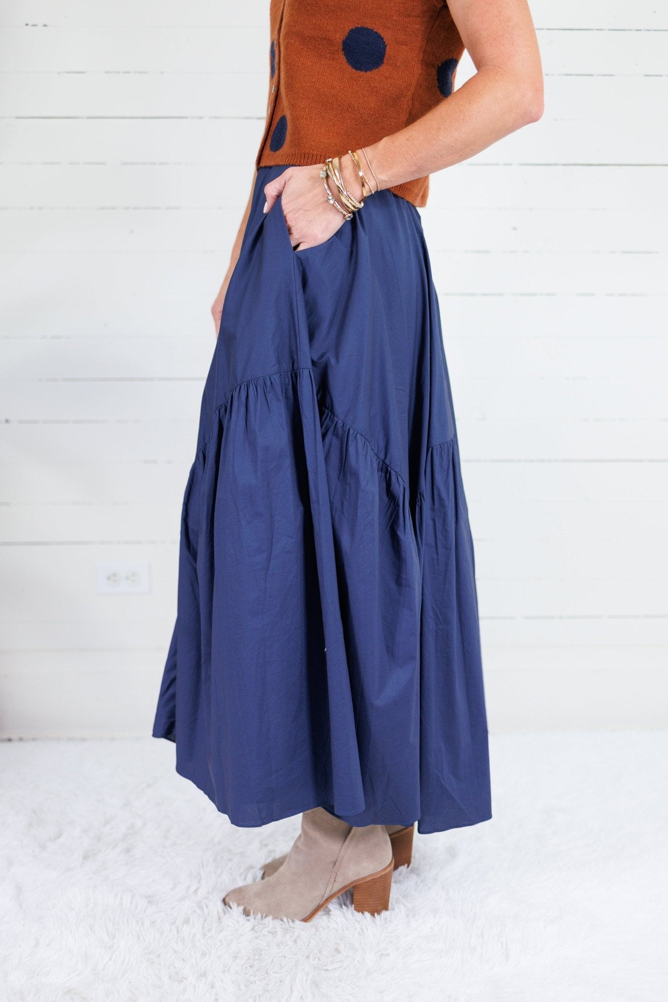 Marty Deep Navy Asymmetrical Tiered Maxi Skirt Pinch