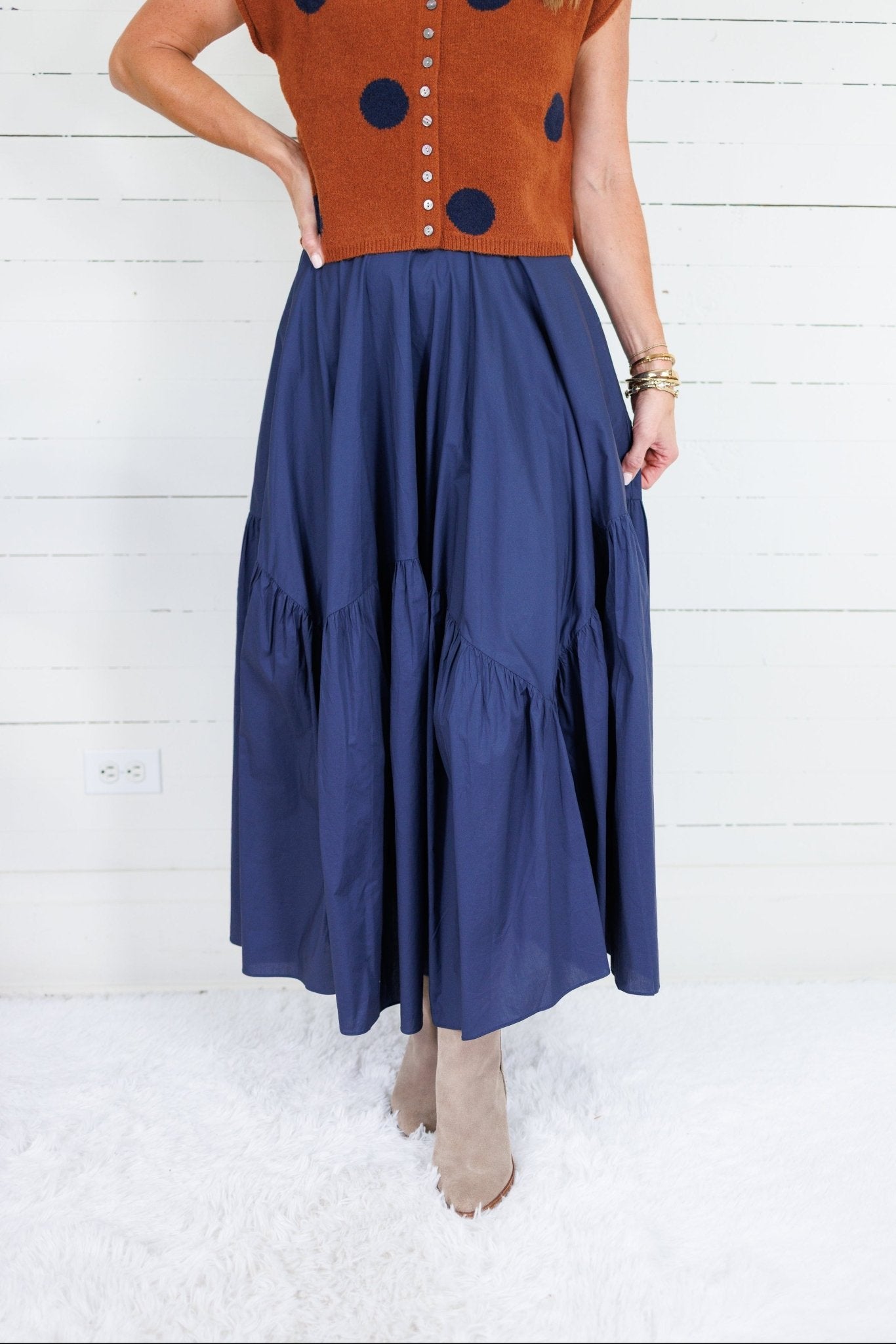Marty Deep Navy Asymmetrical Tiered Maxi Skirt Pinch