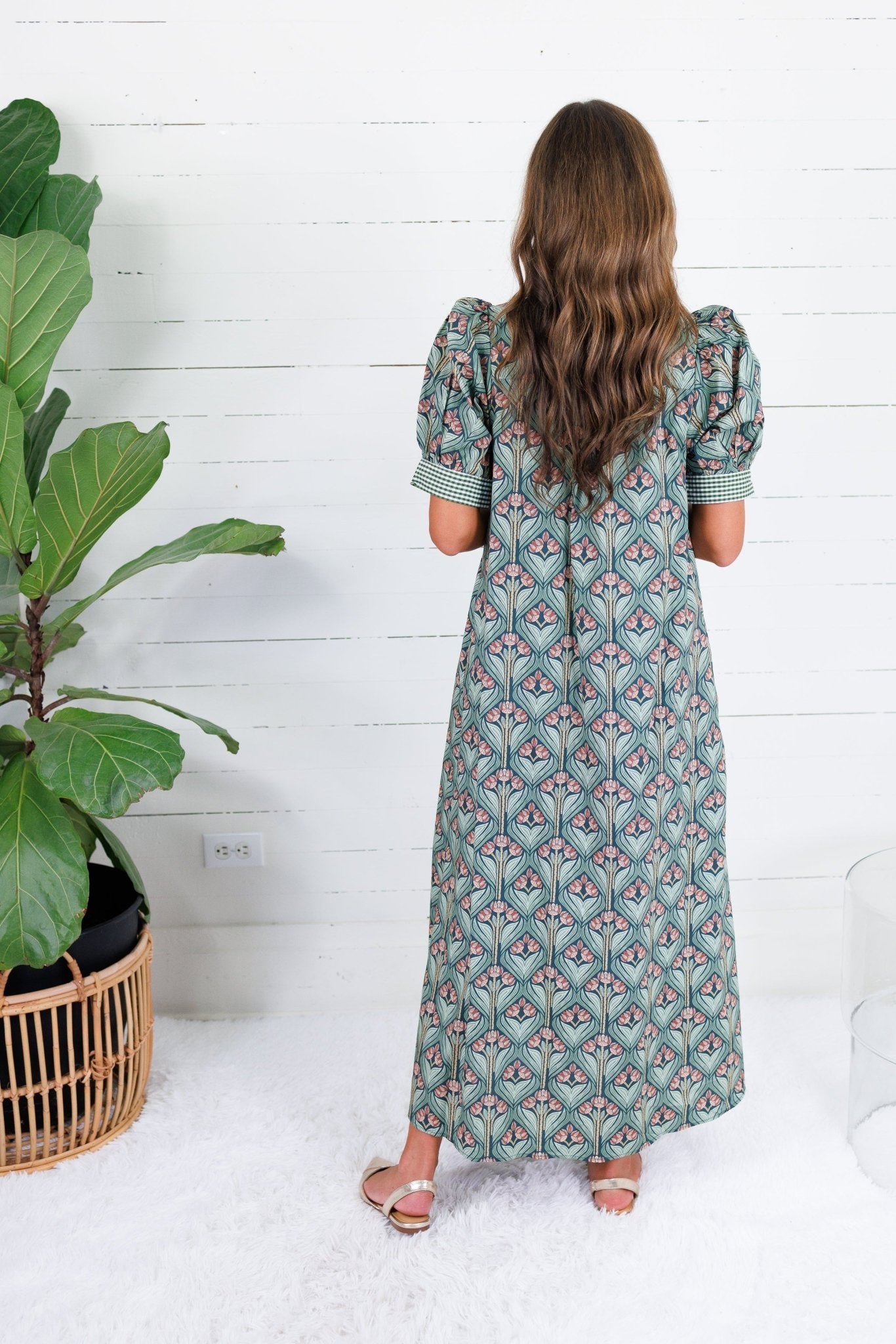 Marty Pine Green + Gingham Trim Maxi Dress Entro