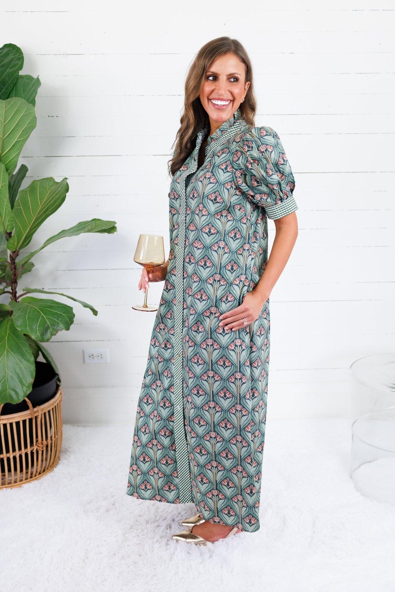 Marty Pine Green + Gingham Trim Maxi Dress Entro