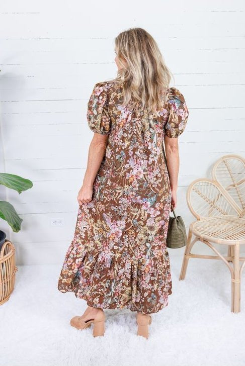 Mavalene Brown Floral Eyelet Maxi Dress