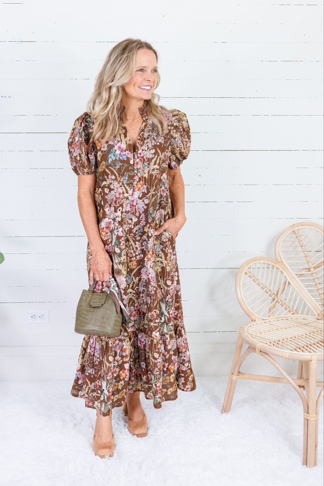Mavalene Brown Floral Eyelet Maxi Dress