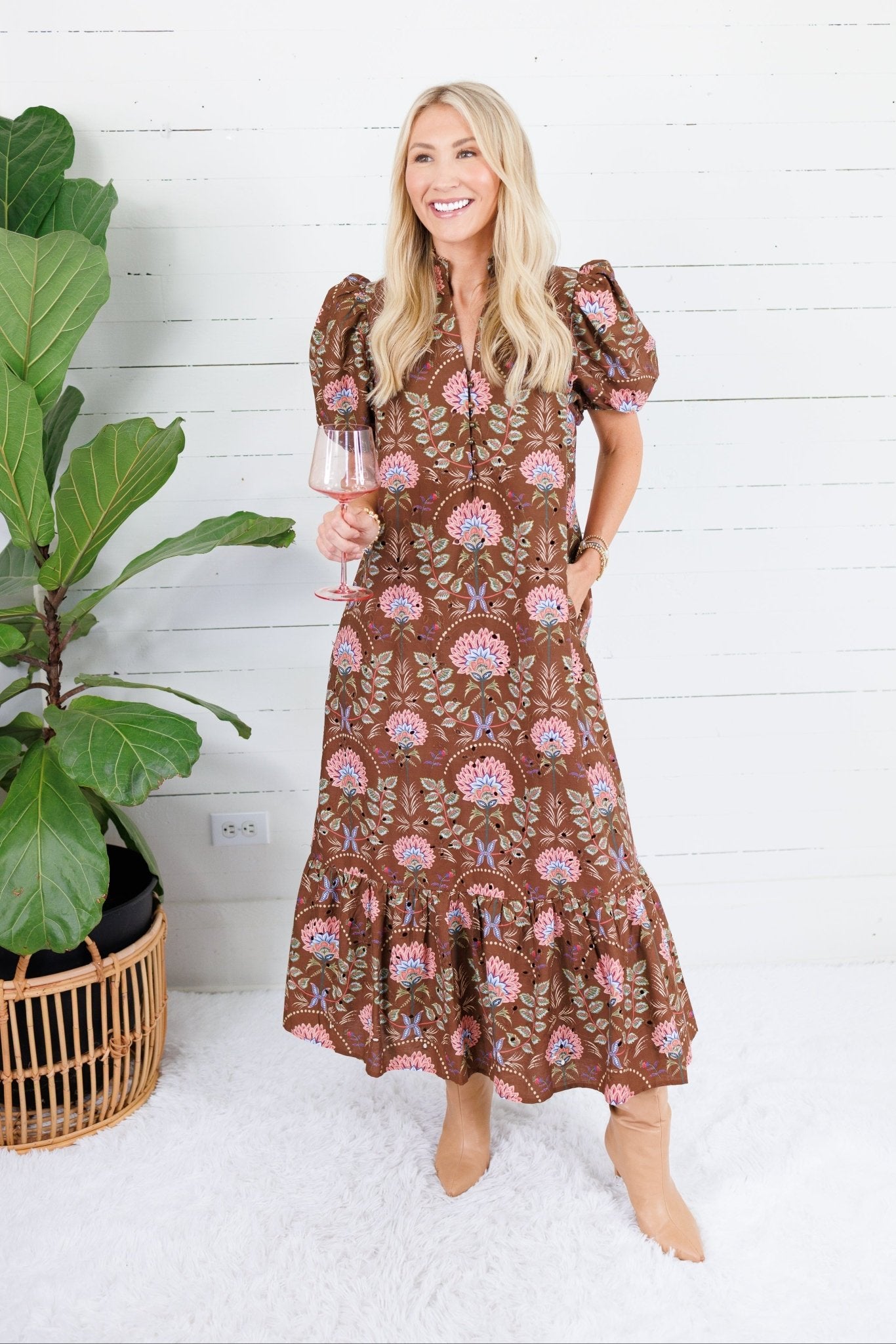 Maylene Cocoa Floral Bouquet Eyelet Maxi Dress Entro