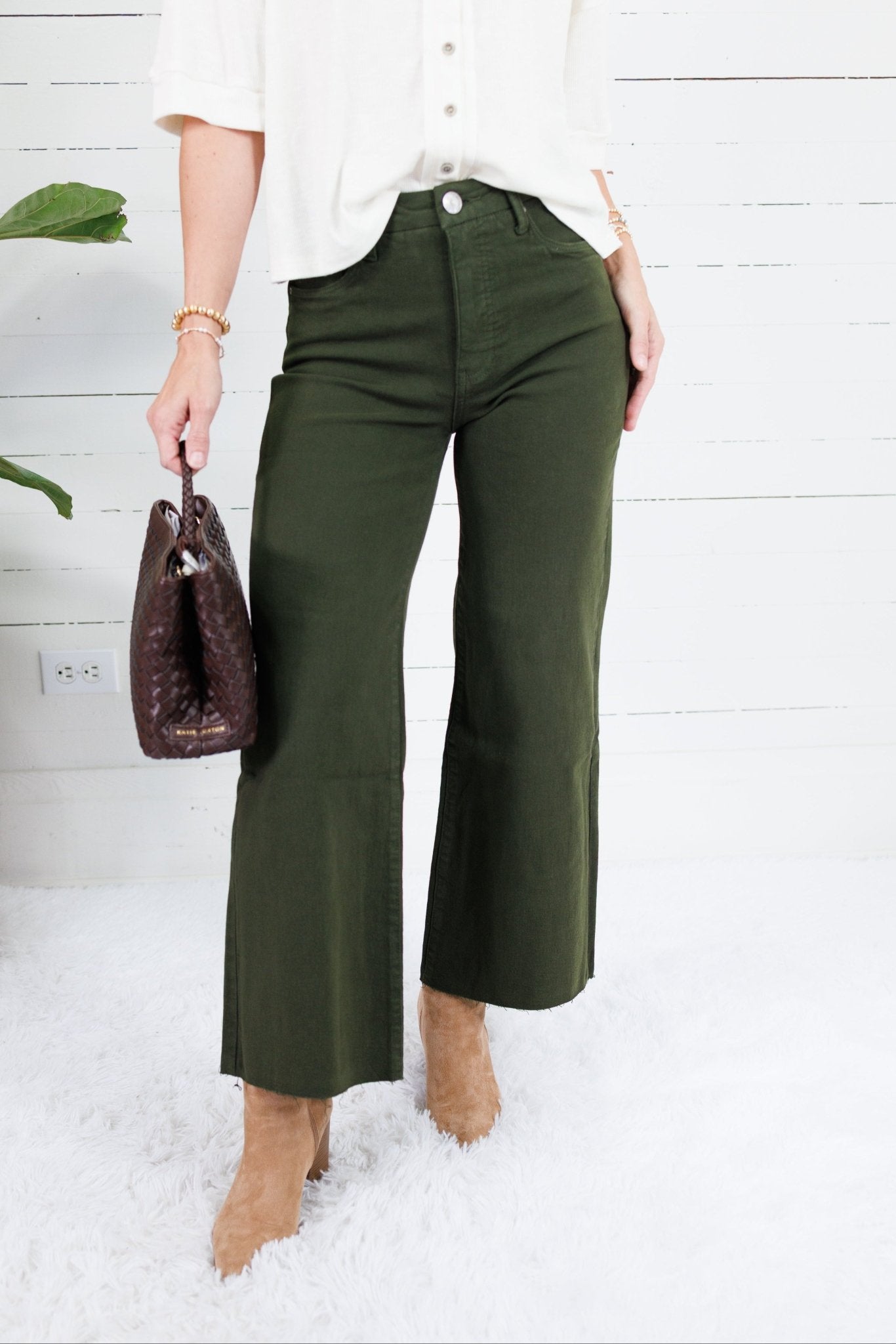 Meg Tuscan Olive Wide Leg Raw Hem Jean