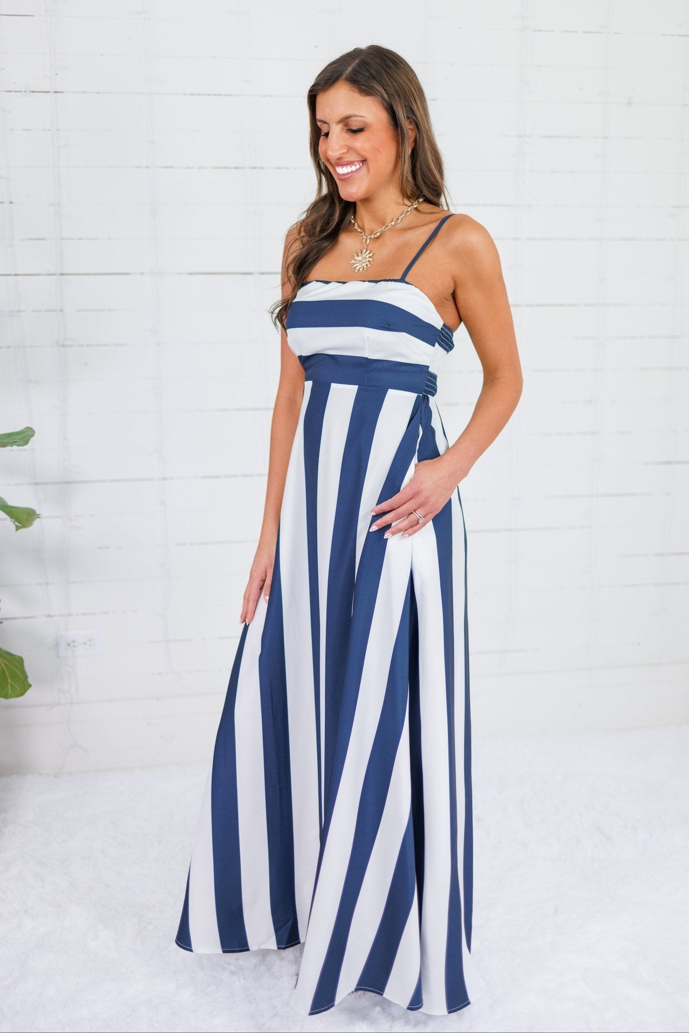Mignonne Navy + White Striped Maxi Dress