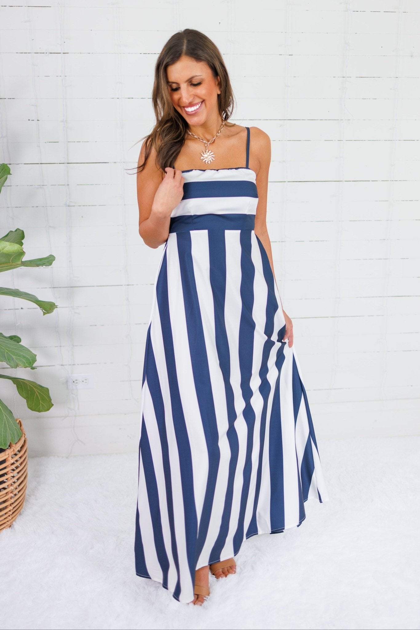 Mignonne Navy + White Striped Maxi Dress