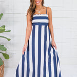 Mignonne Navy + White Striped Maxi Dress